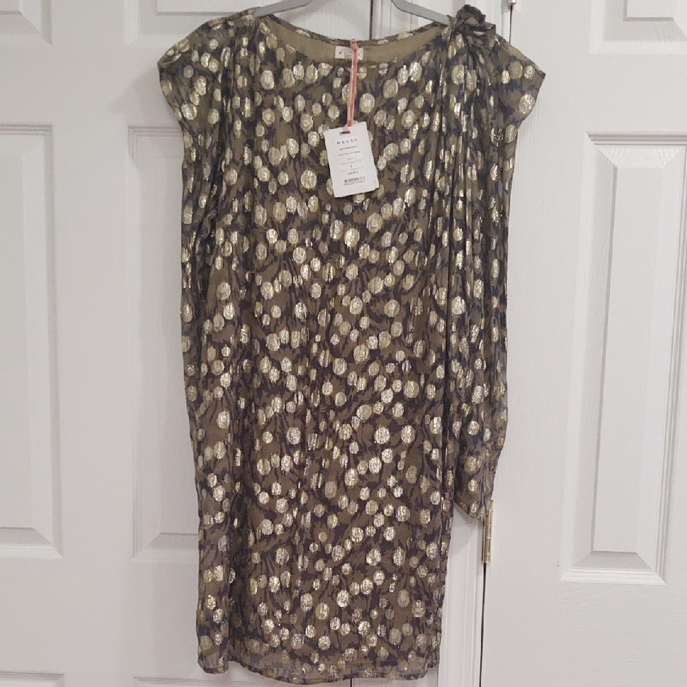 Maksu Madonna Dress | Women Size S | Khaki | Gold and Black Patterned Dress